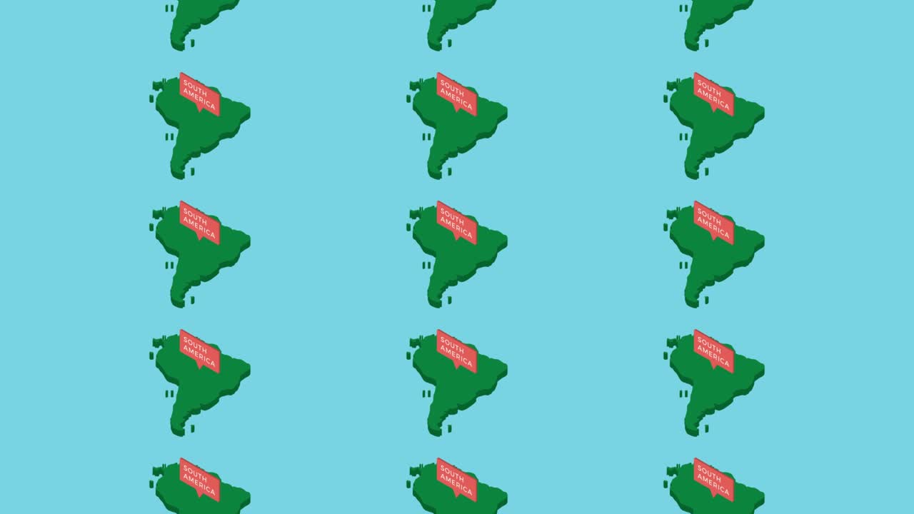 푸른 배경에 오렌지색 포인터를 가진 남미 대륙의 녹색 이소메트릭 지도: 가짜 3d 지리적 지도 개념의 원활한 루프 수평 이동