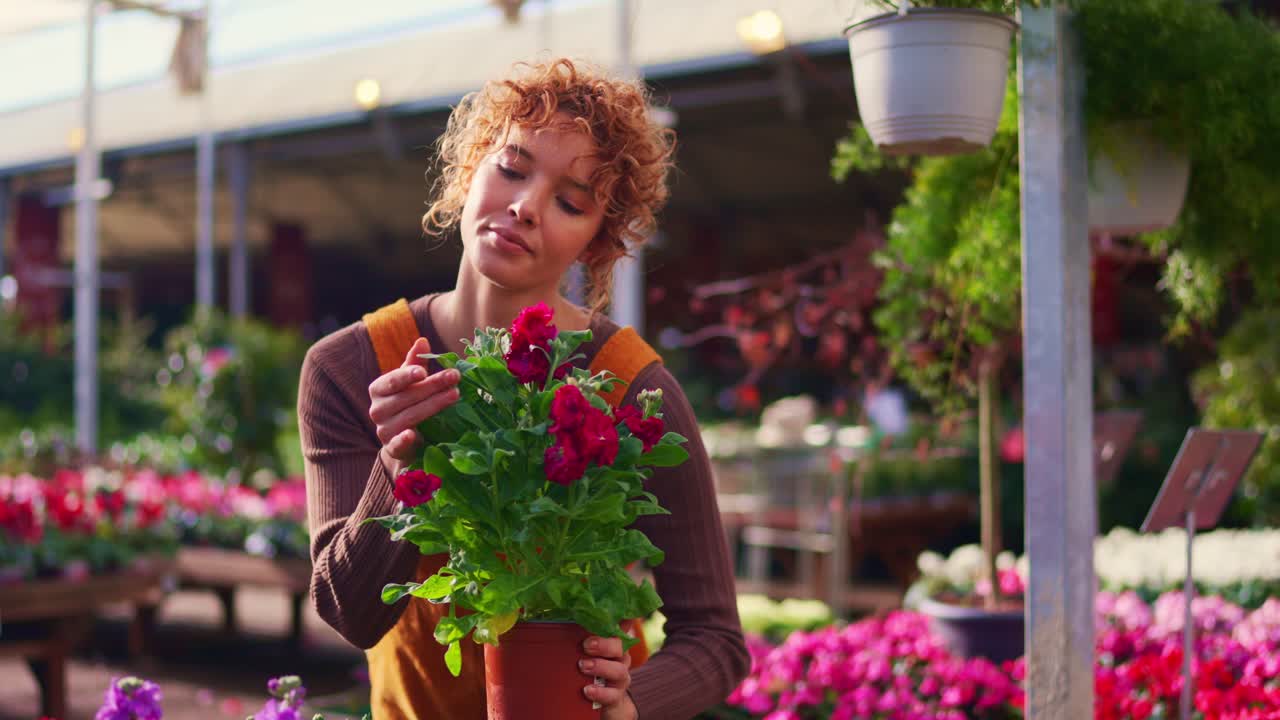 Femme tenant des pétunias rouges en pot dans une boutique de fleurs