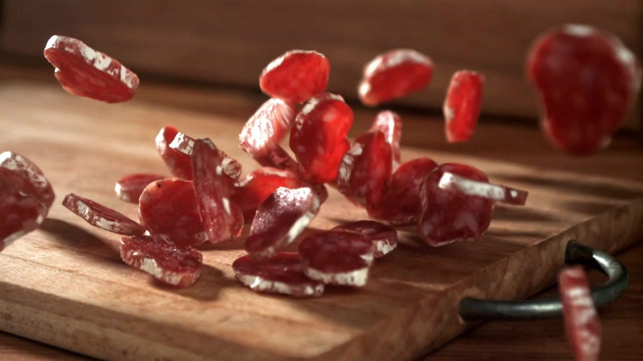 Fette di salame che cadono su un tagliere di legno al rallentatore