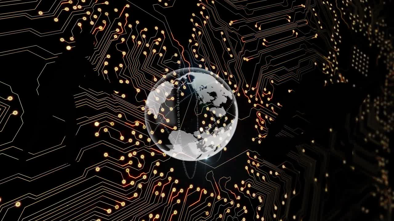 Animation af menneskesilhuetter med globus over computerprintkort på sort baggrund