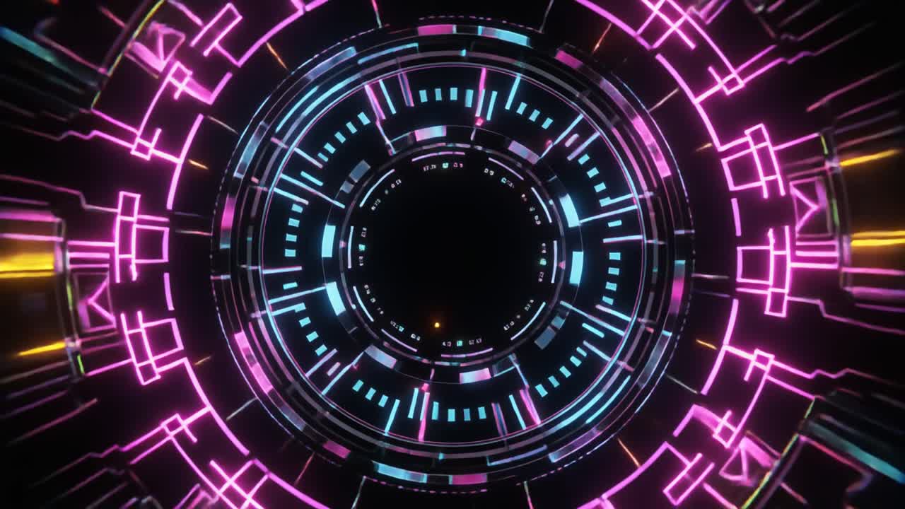 Tunnel digitale futuristico astratto con luci al neon luminose