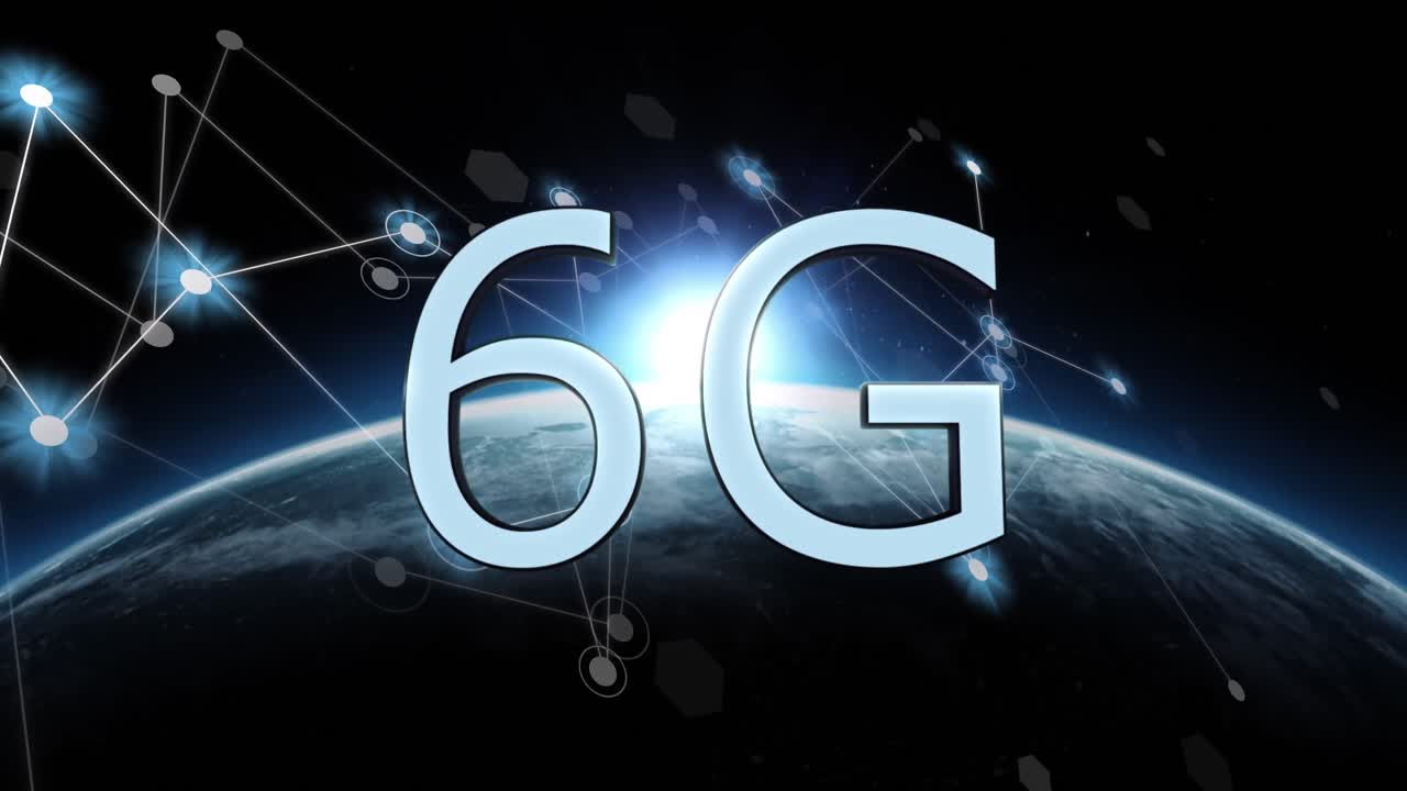 Animation of 6g text, globe and computer data processing