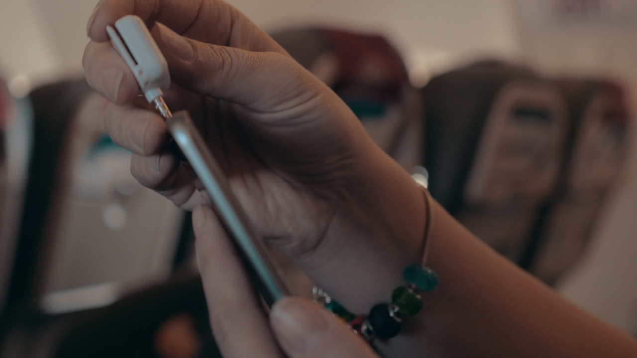 Woman using magnetic mobile card reader for online payment