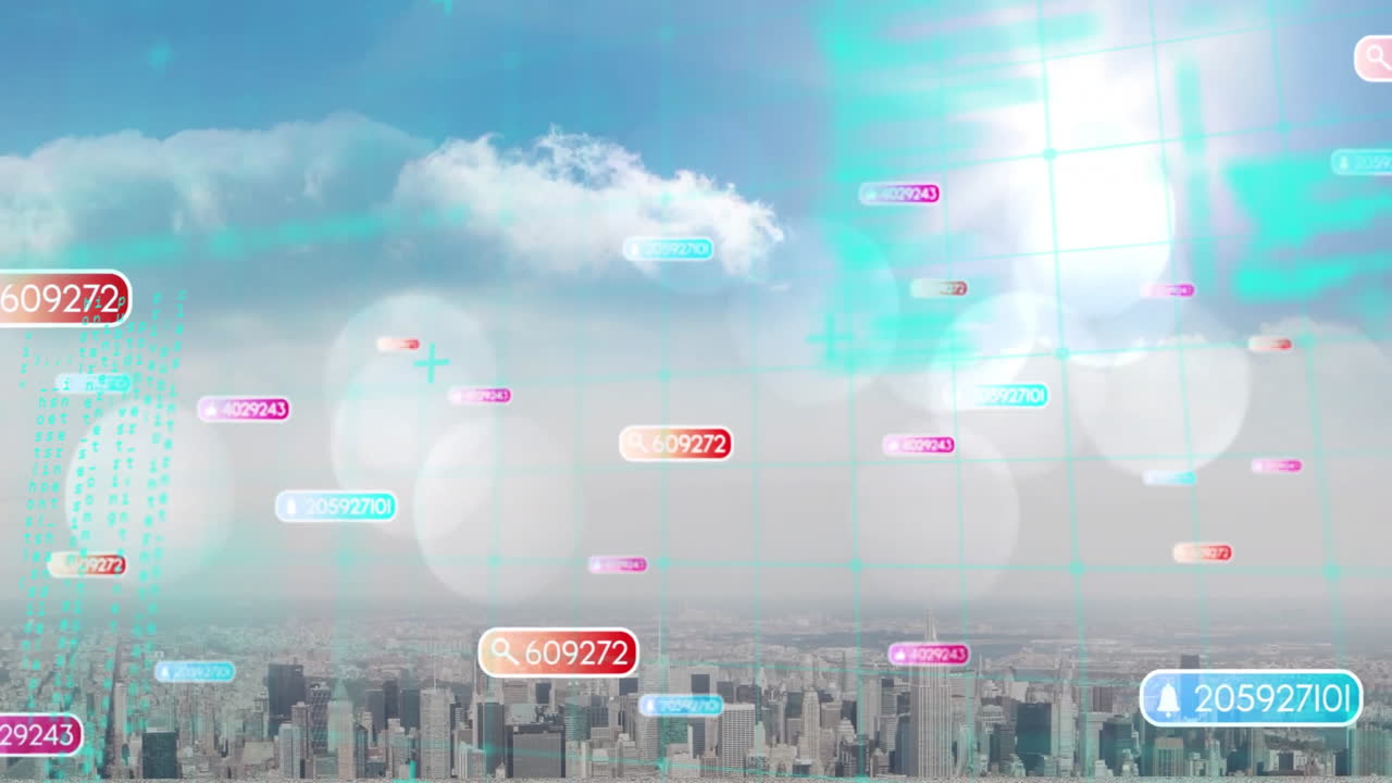 Animation of digital data points floating over cityscape with bright sky and clouds