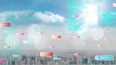 animation of digital data points floating over cityscape with bright sky and clouds