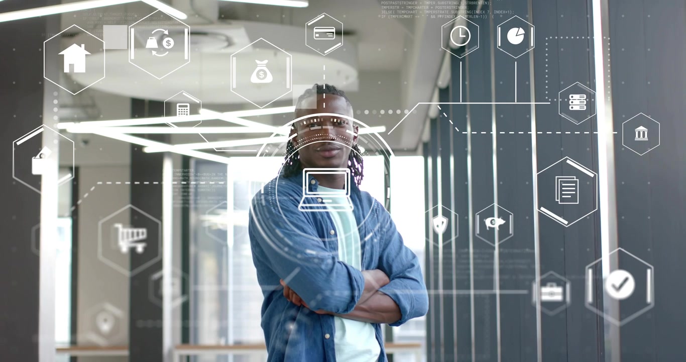 Professional man standing arms crossed gazing window and activating finance icons in office