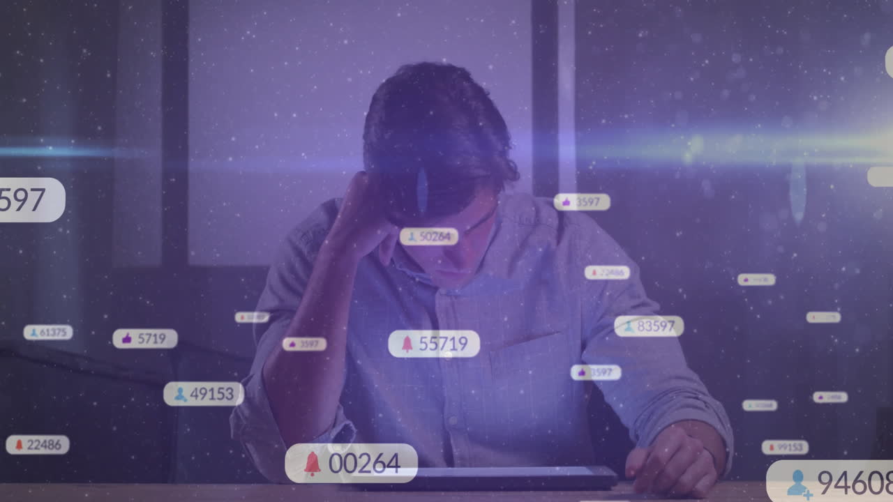 Using tablet, man surrounded by floating social media notifications in animation