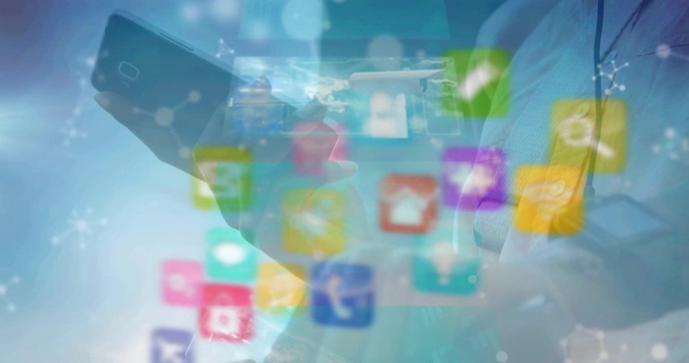 Animation of cube with icons over person using smartphone