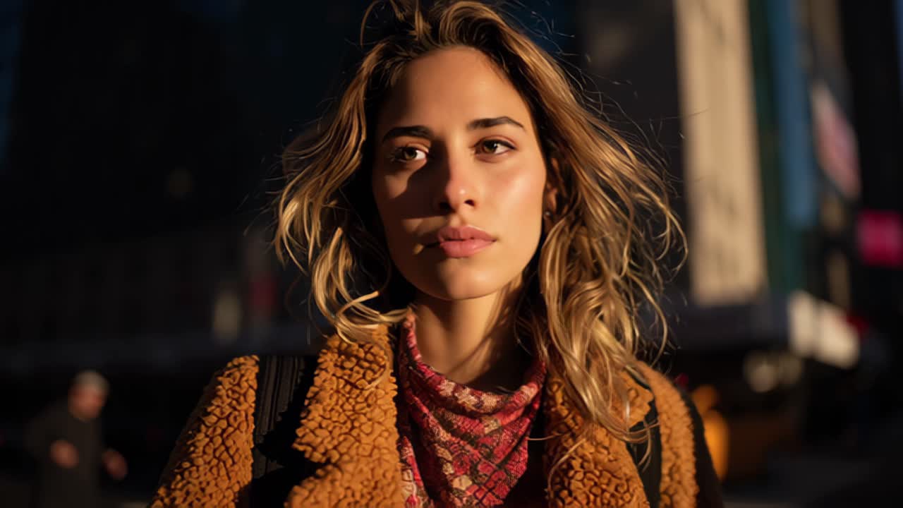 Riprese cinematografiche di una giovane donna con capelli mossi sotto la calda luce del sole su una strada urbana. La profondità di campo ridotta e il bokeh morbido creano un look da ritratto di stile di vita moderno.