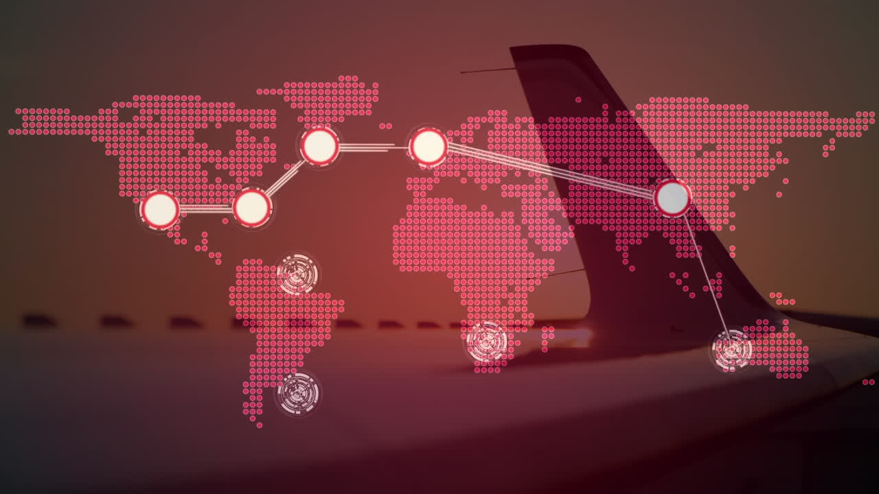 animación de la red de conexiones sobre el mapa del mundo, avión