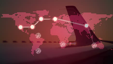 animation of network of connections over world map, airplane