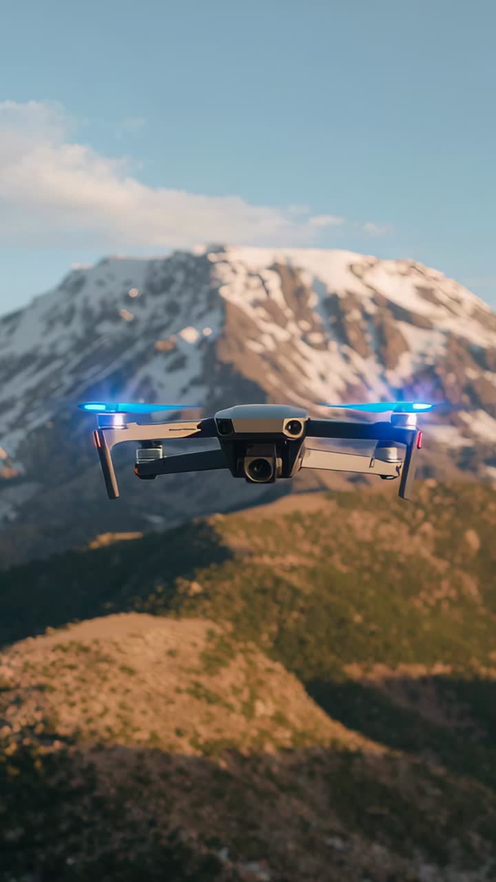 Vertikal video: Hurtige propeller, drone bevæger sig mod linsen ved snedækket top, der viser blå LED'er