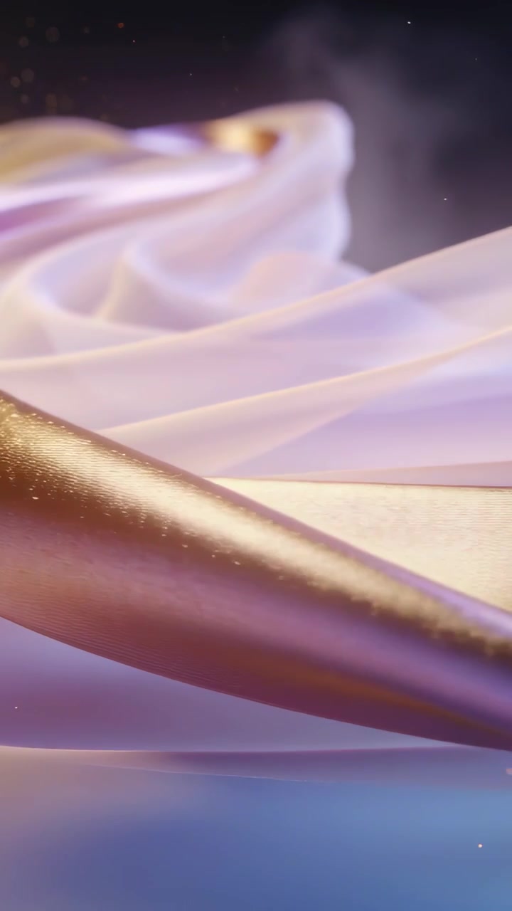 Vertical video: Sweeping camera, metal ribbon shifting across set silk folds, showing color shifts