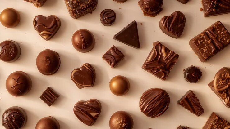 Allontanamento della camera che rivela un flatlay più ampio su un tavolo color crema, con cioccolatini e sfere dorate