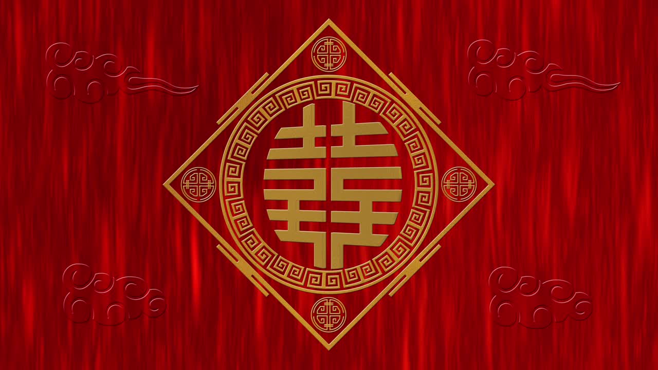 año nuevo lunar, fondo del festival de primavera con doble felicidad, símbolo, nubes, estrellas relucientes. telón de fondo de papel rojo del año nuevo chino para el evento. animación de renderización 3d. bucle sin costuras 4k video