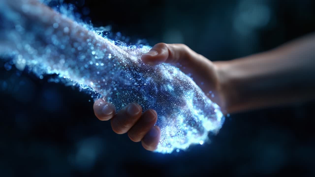 Um aperto de mão cósmico: um abraço cintilante de unidade e conexão entre duas mãos energéticas em um mundo místico e celestial de brilho e luz