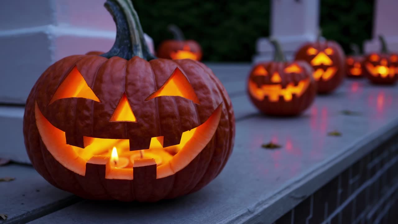 Close-up of a carved pumpkin with a candle inside, creating a spooky glow