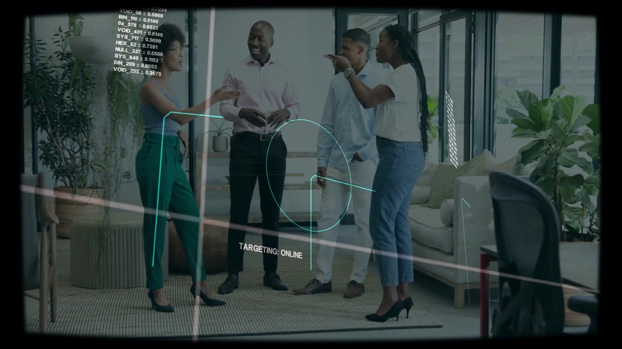 Lead gesturing, team discussing business targeting while HUD TARGETING: ONLINE scanning phone