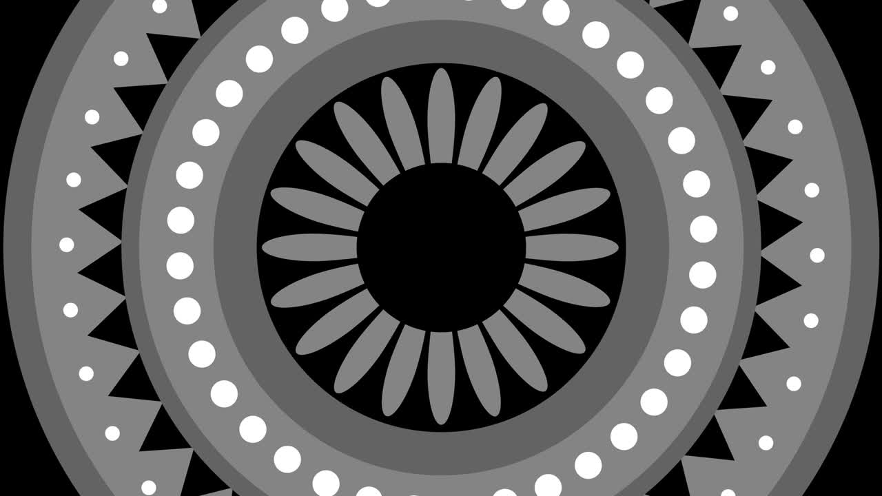 patrón gráfico en blanco y negro con efecto estroboscópico e hipnótico, mientras gira en el sentido de las agujas del reloj y aumenta de tamaño.