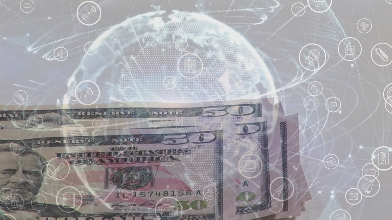 animación de la red de conexiones con iconos digitales y billetes de dólares estadounidenses en todo el mundo