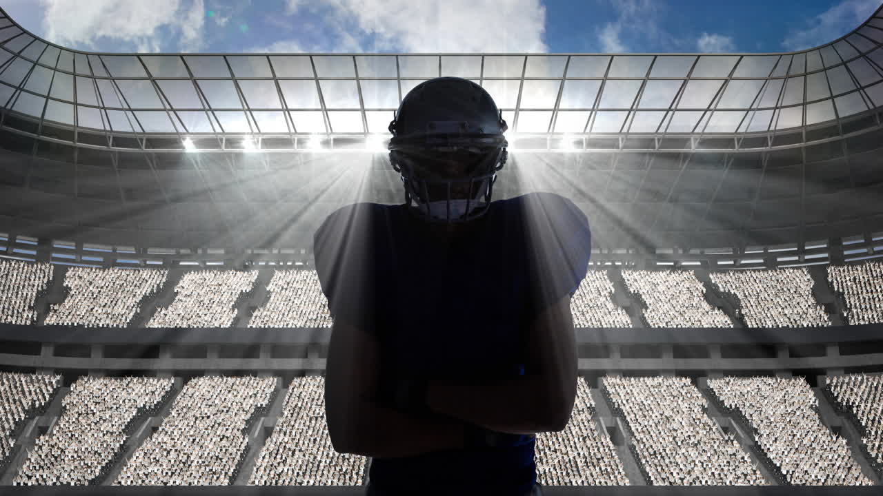 animación de un jugador de fútbol americano sobre un estadio deportivo