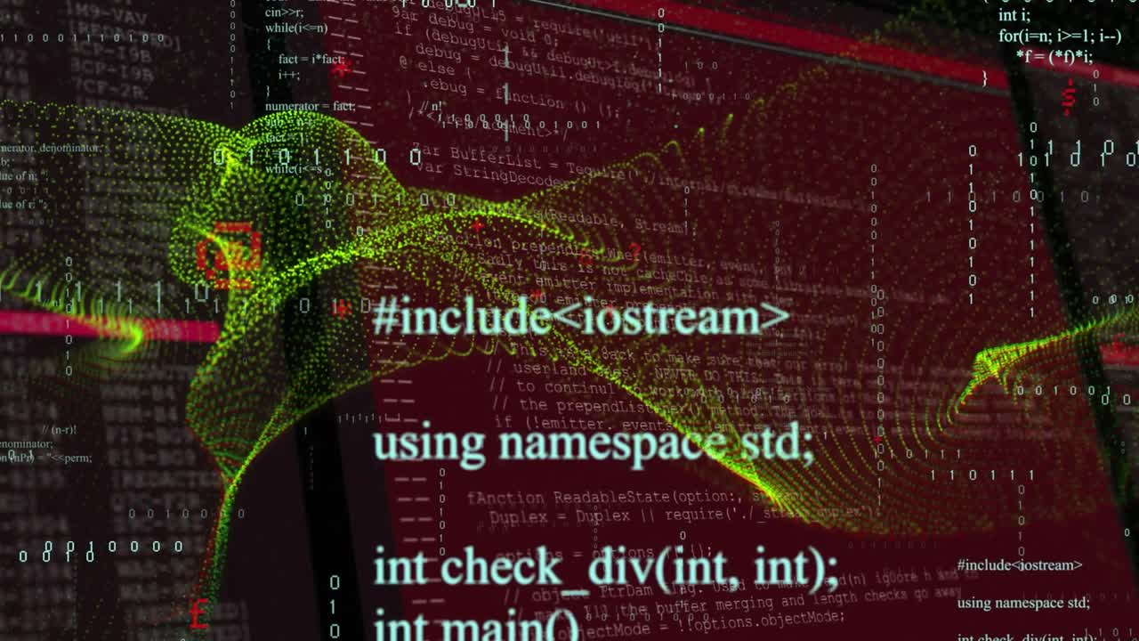 Animatie van groen abstract patroon, pictogrammen over desktopschermen met programmeertaal