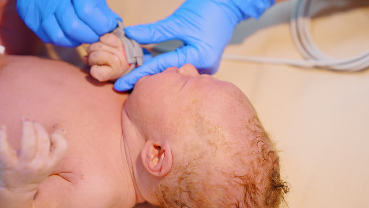 Caucasian newborn baby cries while medic attaches medical band on its hand. Close up.
