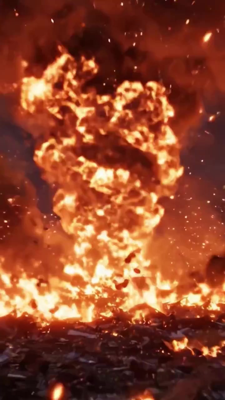 Et voldsomt inferno: Vitne den kaotiske dansen av flammer og røyk som bryter ut fra et ødelagt landskap i denne gripende scenen