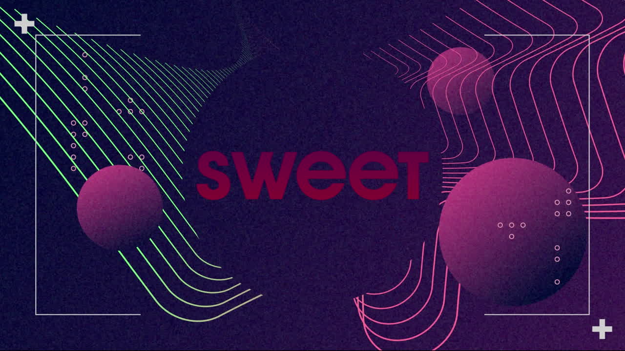 Animation of sweet text over colorful shapes on dark background