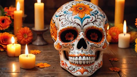 day of the dead sugar skull decoration with candles and flowers