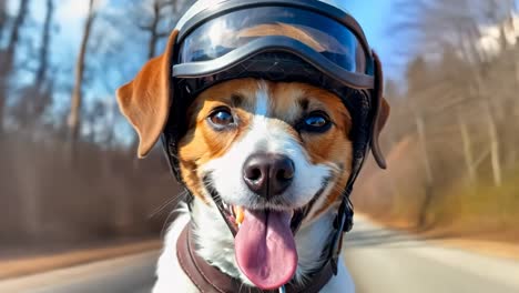 a dog wearing a helmet and goggles on a road