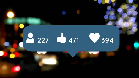animación de perfil, corazón y iconos similares con números crecientes sobre las llamaradas de la lente por la noche