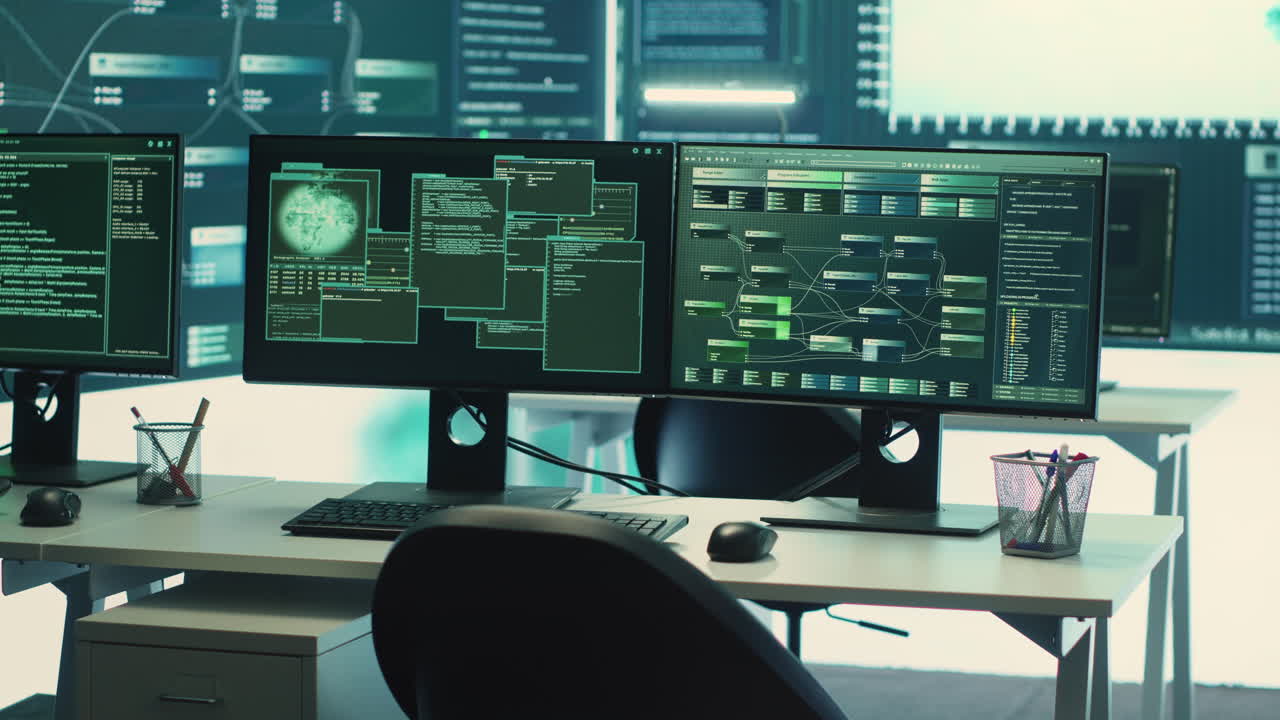 Empty governmental cyber security room with computers and software displays