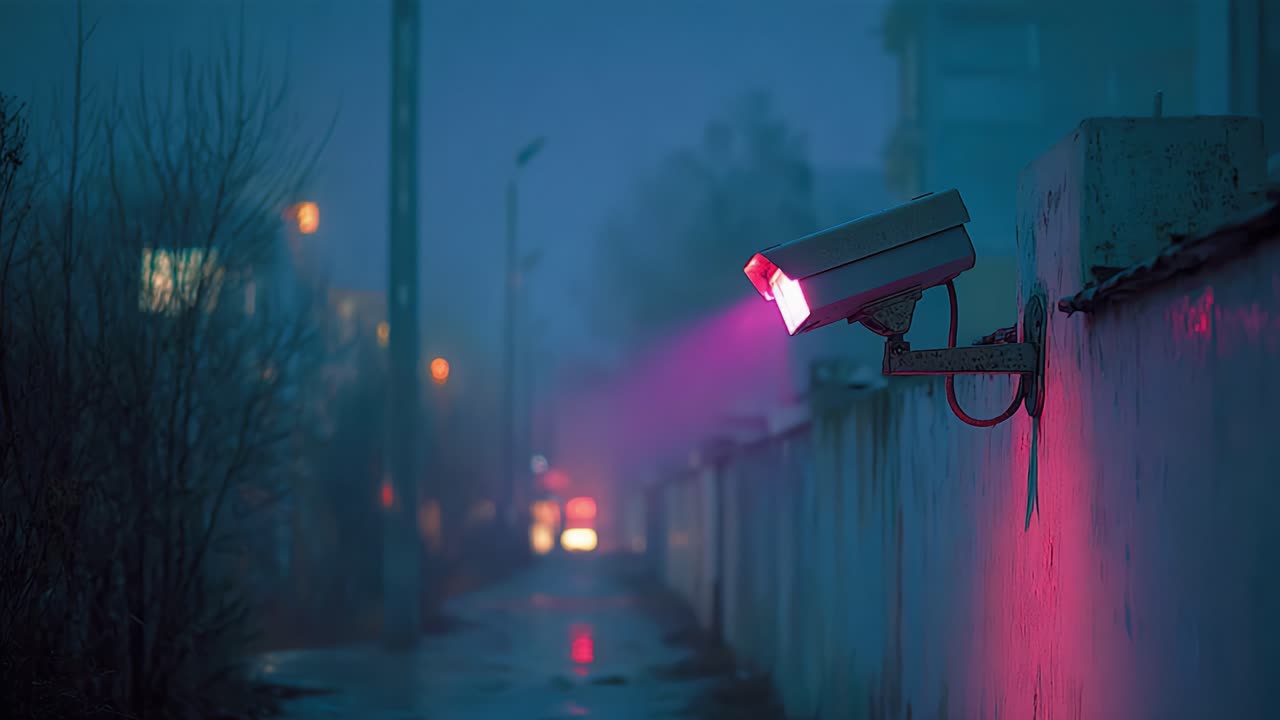 Telecamera di sorveglianza che illumina un vicolo nebbioso di notte con luci colorate, catturando l'atmosfera di sicurezza urbana e mistero in un ambiente scarsamente illuminato