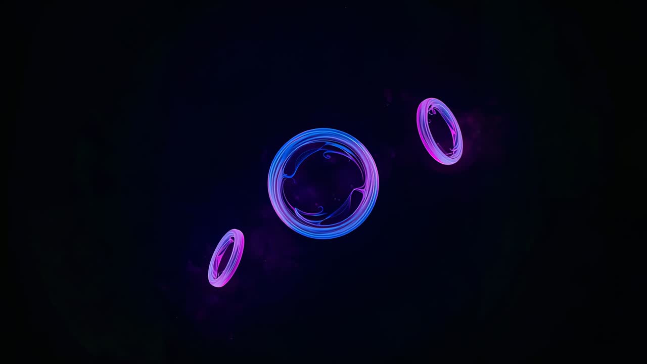 Loop starting, central neon ring rotating, pulsing with pink rings on black canvas for smooth loop