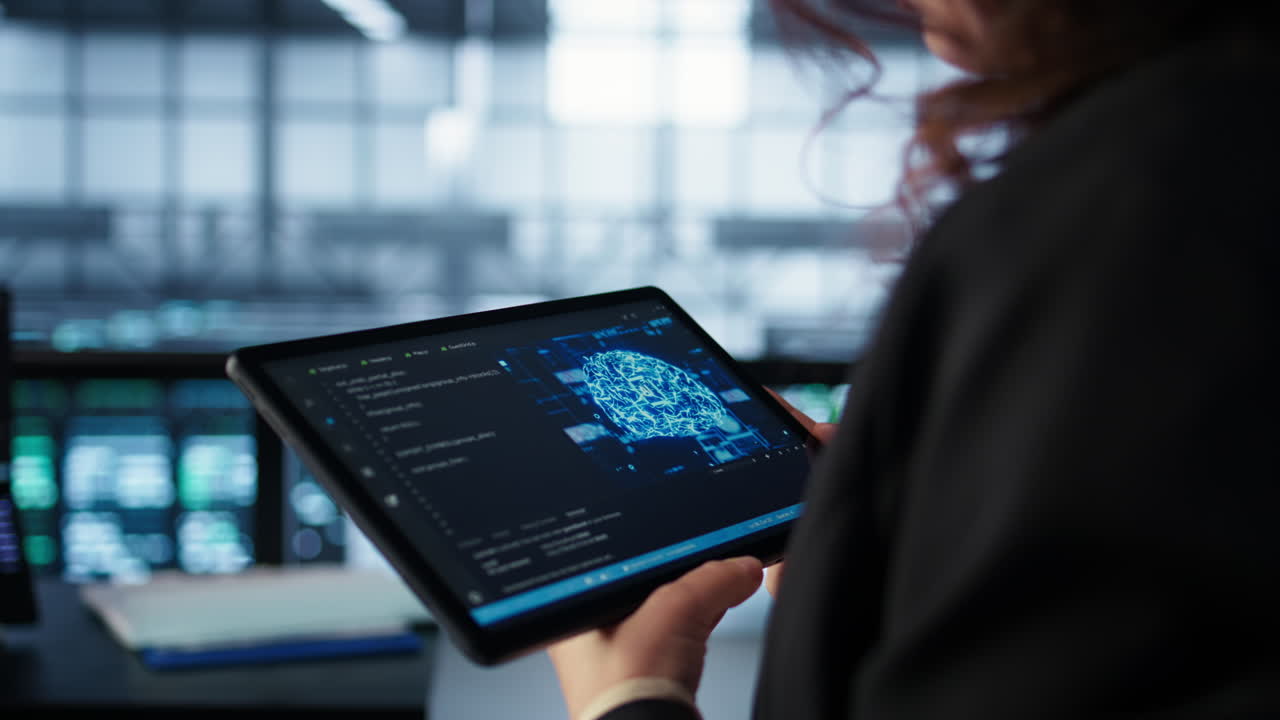 Data center technician using artificial intelligence on tablet, close ...