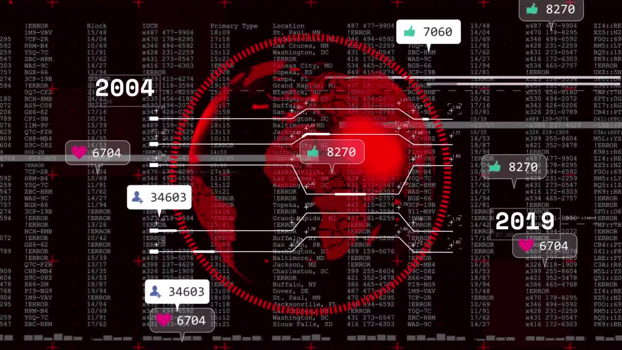 Animation of media icons and data processing over globe