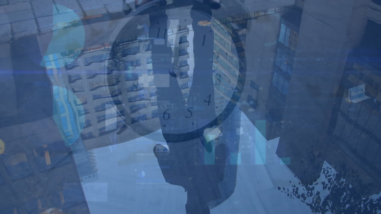 카우카스인과 도시 풍경에 대한 시계와 데이터 처리의 애니메이션.