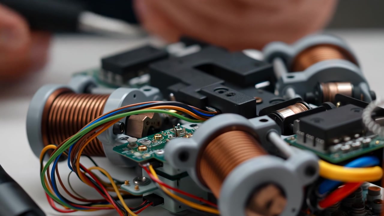 Closeup Electronics Repair Hands Soldering Compact Motor Assembly With Copper Coils, Colorful Wires, Circuit