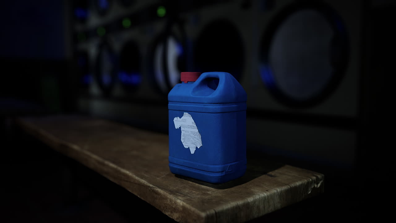 세탁실에 있는 파란색 세탁제 병