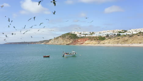 Bandada-De-Pájaros-Volando-Sobre-El-Barco-Navegando-En-Praia-De-Burgau-Cerca-De-La-Costa-En-Algarve,-Portugal