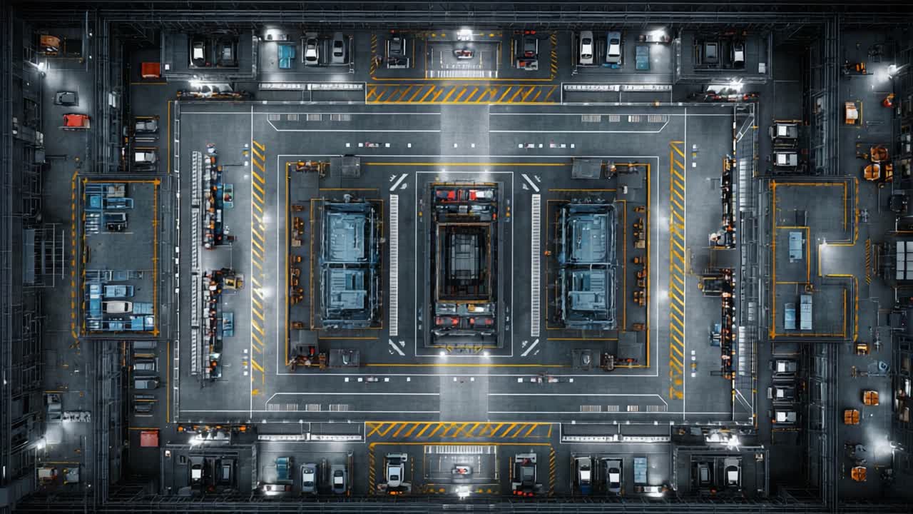 Aerial View of a Sophisticated Industrial Complex with Organized Parking Layouts, Multiple Structures, and Well-Defined Traffic Patterns, Illuminated for Optimal Visibility