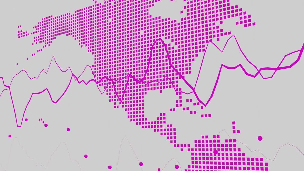 북미와 아시아를 강조하는 픽셀화 된 분홍색 지도, 색 배경에 파동 형태가 여있는 글로벌 분석, 기술 및 데이터 시각화 개념