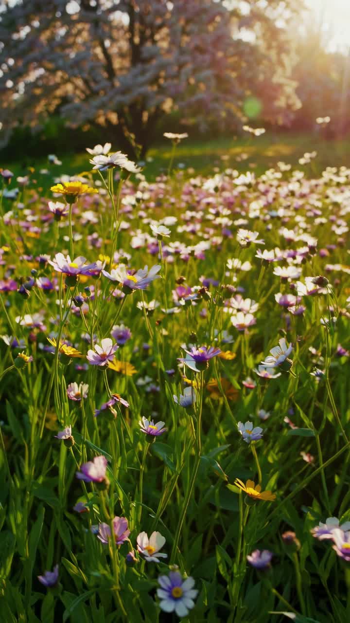 Una scena video serena di un prato di fiori selvatici al tramonto, catturata da un'angolazione bassa.