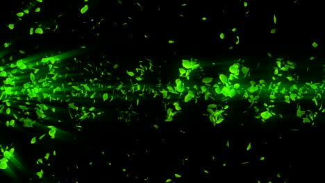 vortex from green leaves. spiral shiny particle of seasonal leaves. dancing leaf. colorful nature tunnel loop animation.