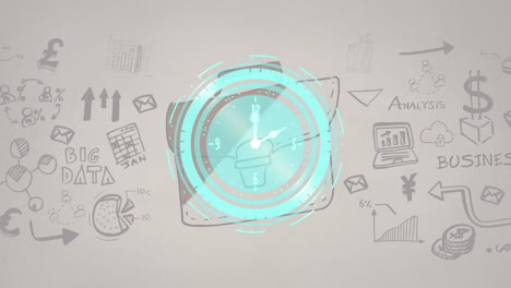 animation of business icons over clock moving
