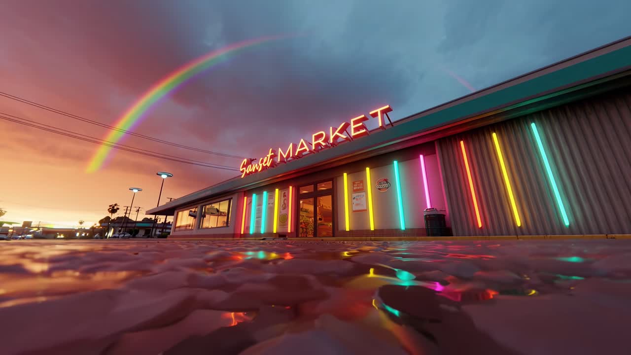 Vídeo em ângulo baixo de um mercado retrô com luzes de neon e um arco-íris, criando uma atmosfera nostálgica