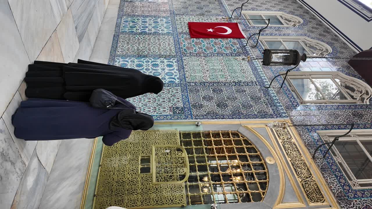 Images of a building with a Turkish flag and people