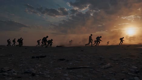 military squad navigating challenging desert terrain during golden sunset, casting dramatic silhouettes against glowing sky while raising dust clouds around tactical formation