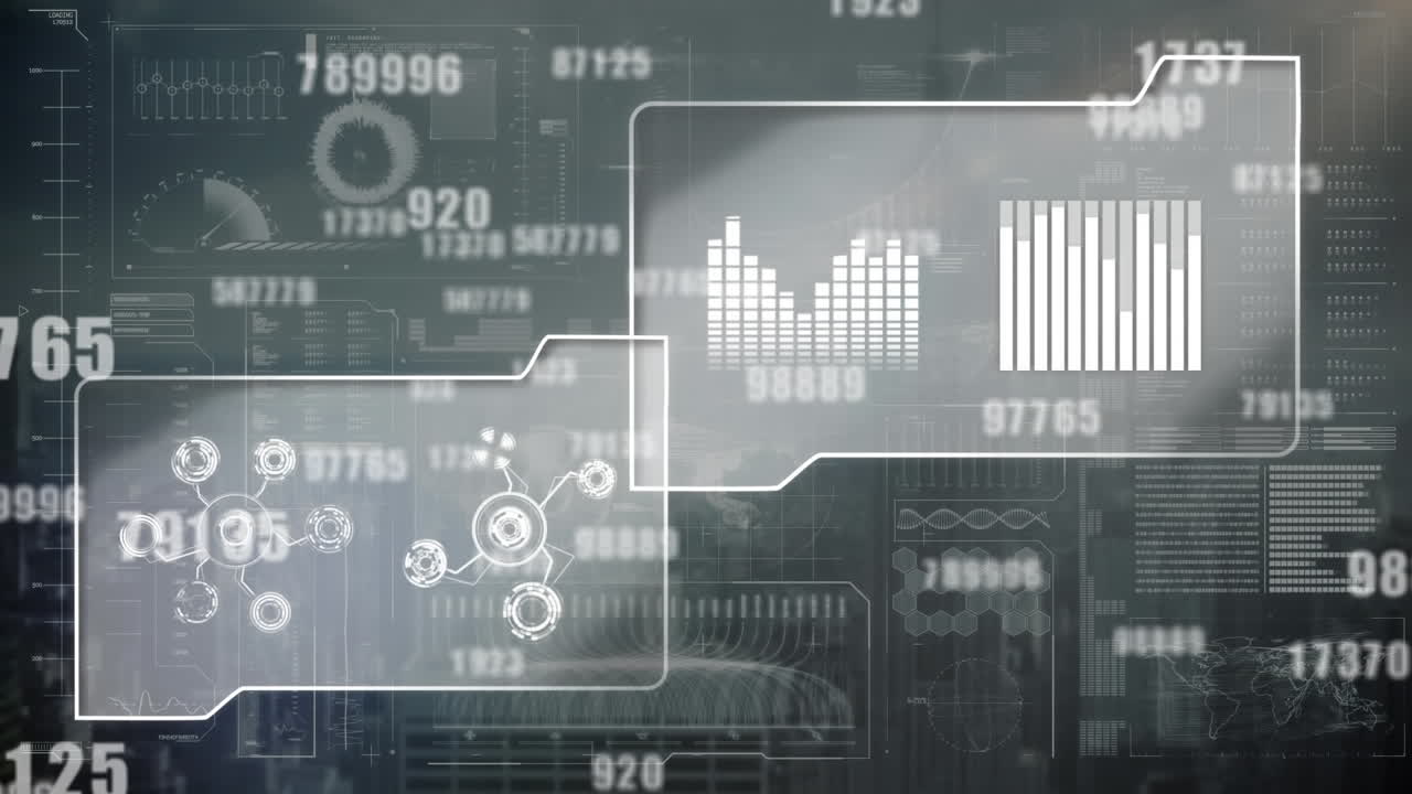 Animation of data processing over screens on black background